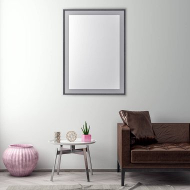 Poster çerçevesi hipster iç arka planda, 3d çizim kadar alay