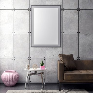 Poster çerçevesi hipster iç arka plan ve beton duvar, 3d çizim kadar alay