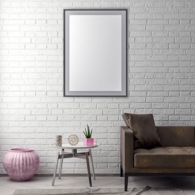 Poster çerçevesi hipster iç arka plan ve tuğla duvar, 3d çizim kadar alay