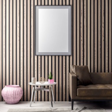 Poster çerçevesi içinde yenilikçi pembe renkler ve ahşap duvar plakalar, 3d illüstrasyon iç arka plan dalga