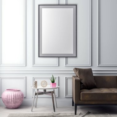 Poster çerçevesi iç arka plan ve klasik duvar, 3d çizim kadar alay