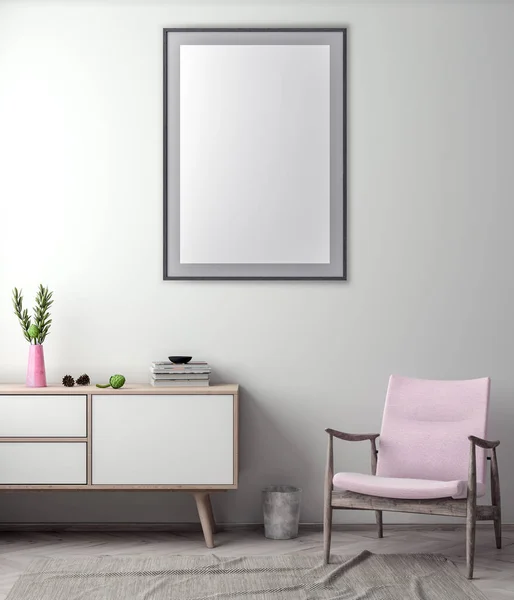 Poster çerçevesi hipster iç arka planda, 3d çizim kadar alay