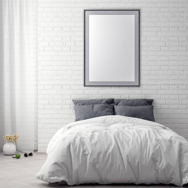 Poster çerçevesi yatak odası iç arka plan ve tuğla duvar, 3d çizim kadar alay