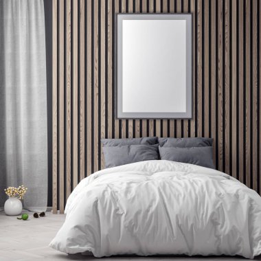 Poster çerçevesi içinde yatak odası pembe renkler ve ahşap duvar plakalar, 3d illüstrasyon iç arka plan dalga