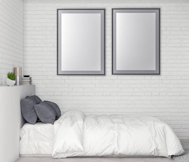 Poster çerçevesi yatak odası iç arka plan ve tuğla duvar, 3d çizim kadar alay
