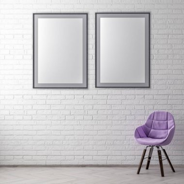 Poster çerçevesi hipster iç arka plan ve tuğla duvar, 3d çizim kadar alay