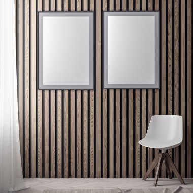 Poster çerçevesi içinde yenilikçi pembe renkler ve ahşap duvar plakalar, 3d illüstrasyon iç arka plan dalga