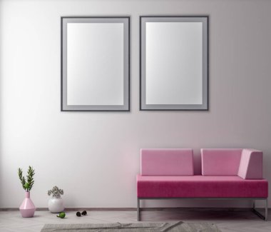 Poster çerçevesi hipster iç arka planda, 3d çizim kadar alay