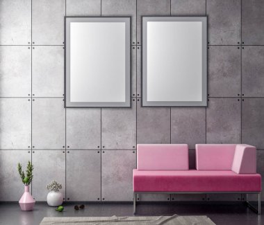 Poster çerçevesi hipster iç arka plan ve beton duvar, 3d çizim kadar alay