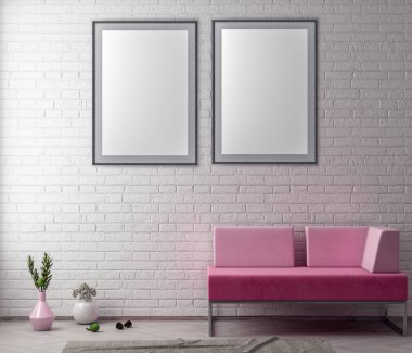 Poster çerçevesi hipster iç arka plan ve tuğla duvar, 3d çizim kadar alay