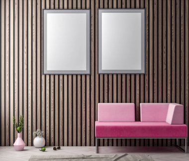 Poster çerçevesi içinde yenilikçi pembe renkler ve ahşap duvar plakalar, 3d illüstrasyon iç arka plan dalga