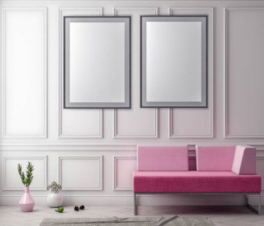 Poster çerçevesi iç arka plan ve klasik duvar, 3d çizim kadar alay