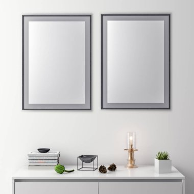 Poster çerçevesi hipster iç arka planda, 3d çizim kadar alay
