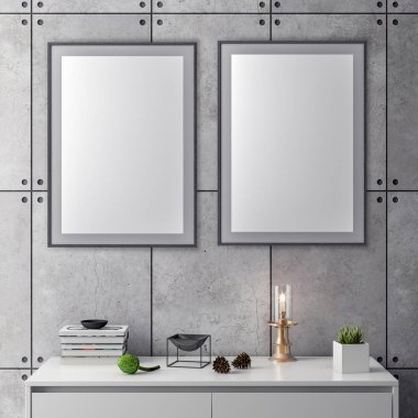 Poster çerçevesi hipster iç arka plan ve beton duvar, 3d çizim kadar alay