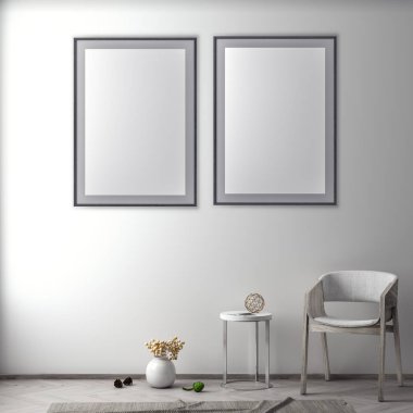 Poster çerçevesi hipster iç arka planda, 3d çizim kadar alay