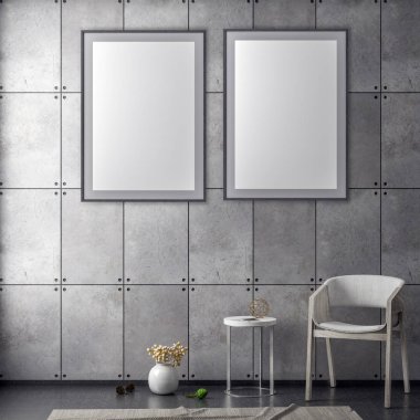 Poster çerçevesi hipster iç arka plan ve beton duvar, 3d çizim kadar alay