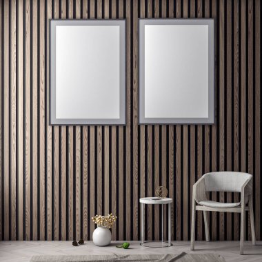 Poster çerçevesi içinde yenilikçi pembe renkler ve ahşap duvar plakalar, 3d illüstrasyon iç arka plan dalga
