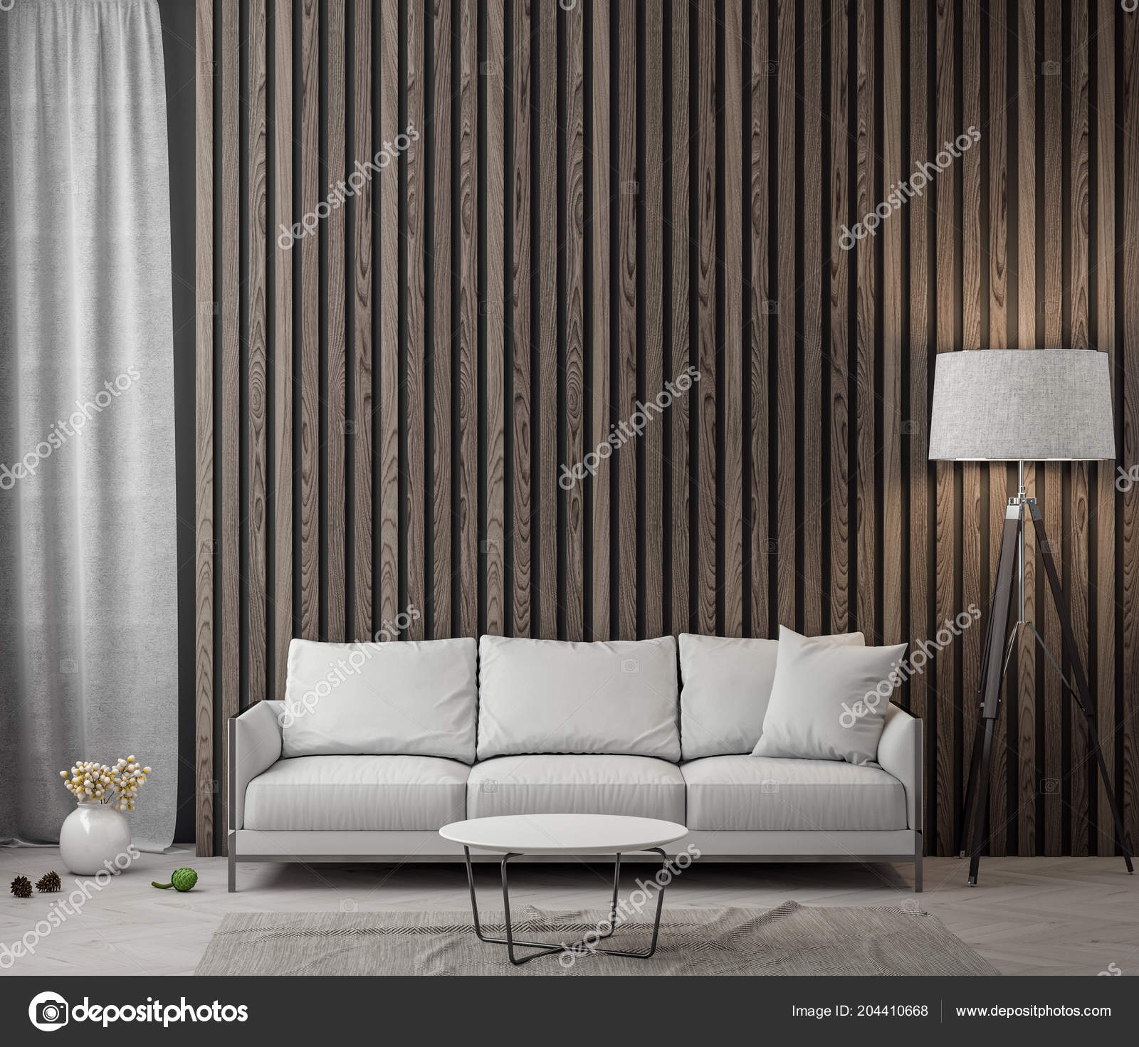 Interior Of Living Room With Wood Planks Wall 3d Rendering Stock Interior Of Living Room With Wood Planks Wall 3d Rendering Stock Photo