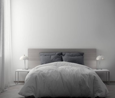 Yatak odası ve beyaz duvar, iç 3d render