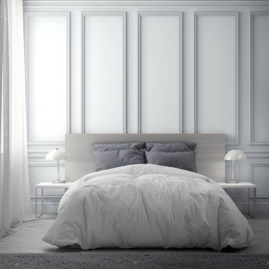 Yatak odası ile klasik duvar, iç 3d render