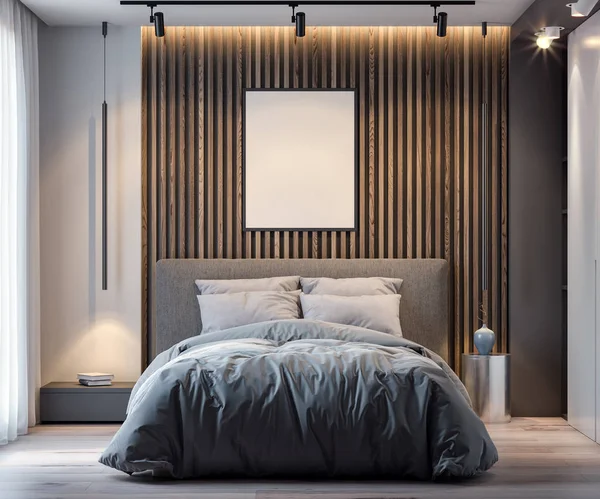 Poster çerçevesi içinde yatak odası iç geçmiş modern tarzda kadar sahte 3d render