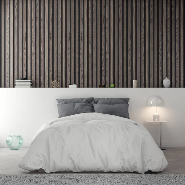 Interior Bedroom Wood Planks Wall Rendering — Stock Photo, Image