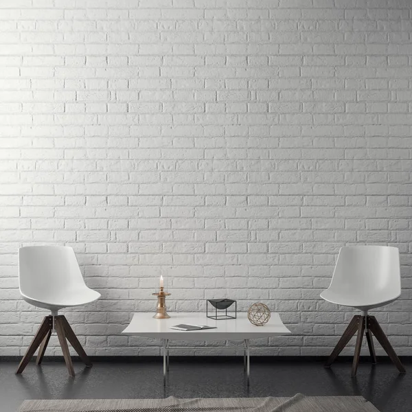 Oturma odası ile beyaz tuğla duvar, iç 3d render