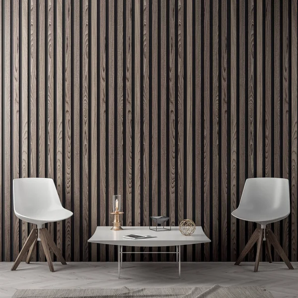 Interior de la sala de estar con tablones de madera de pared, 3D Rendering — Foto de Stock