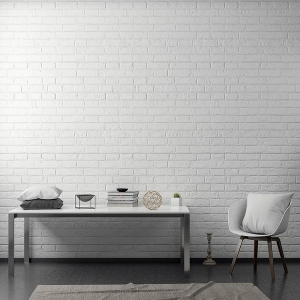 흰색 벽돌 벽, 거실의 인테리어 3d 렌더링 — 스톡 사진