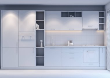 Gri mutfak tasarımı modern tarzı ile 3d render