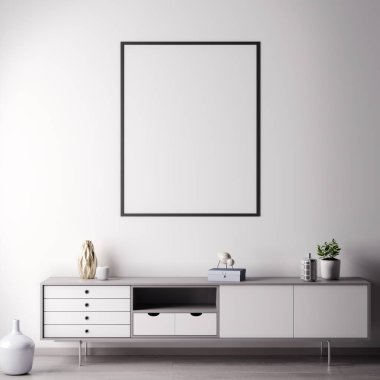 Poster çerçevesi ile beyaz wal, modern tarzı, 3d illüstrasyon iç odadaki kadar alay