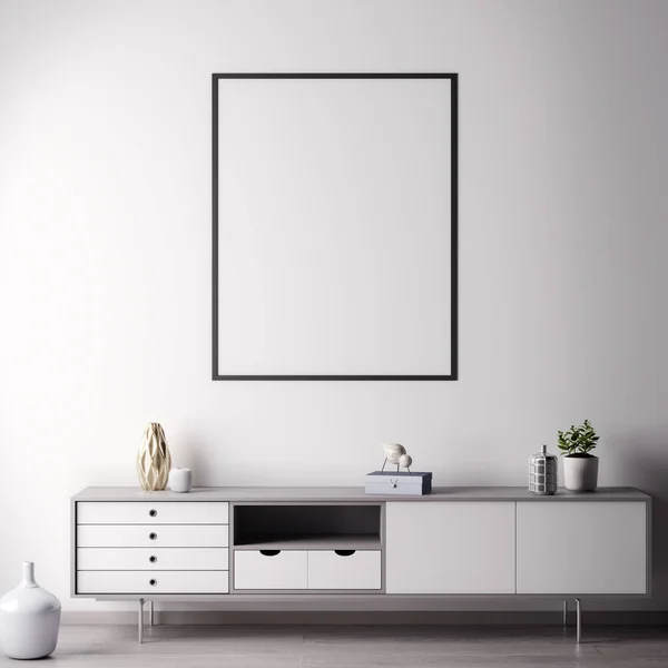 Moldura de cartaz Mock up no quarto interior com wal branco, estilo moderno, ilustração 3D — Fotografia de Stock
