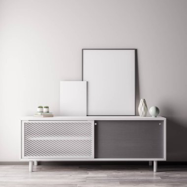 Poster çerçevesi ile beyaz wal, modern tarzı, 3d illüstrasyon iç odadaki kadar alay