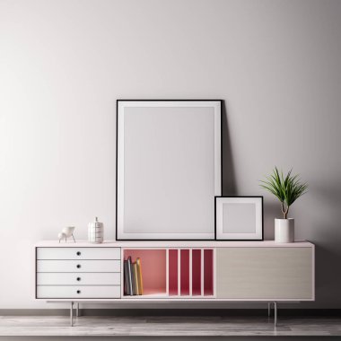 Poster çerçevesi ile beyaz wal, modern tarzı, 3d illüstrasyon iç odadaki kadar alay
