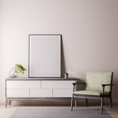 Poster çerçevesi ile beyaz wal, modern tarzı, 3d illüstrasyon iç odadaki kadar alay