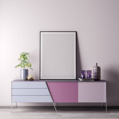 Poster çerçevesi ile beyaz wal, modern tarzı, 3d illüstrasyon iç odadaki kadar alay