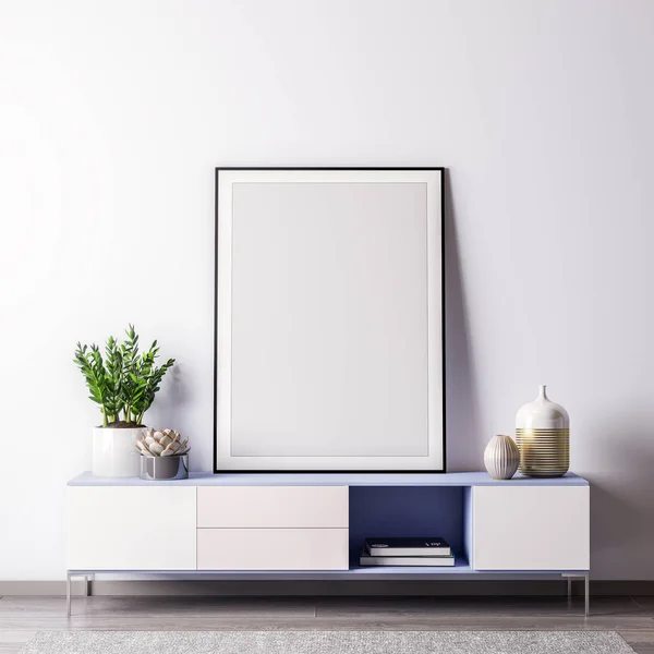 Moldura de cartaz Mock up no quarto interior com wal branco, estilo moderno, ilustração 3D — Fotografia de Stock