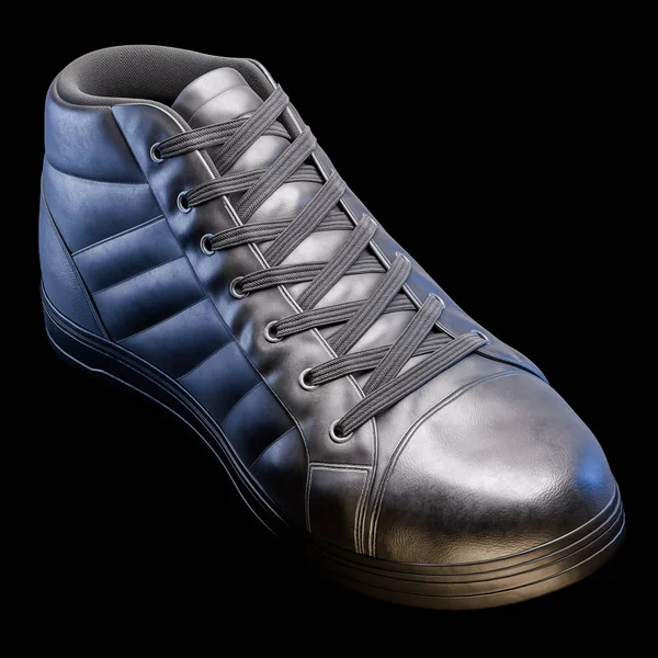 3D Realistic Render of a shoe in dark color, med svart bakgrunn – stockfoto