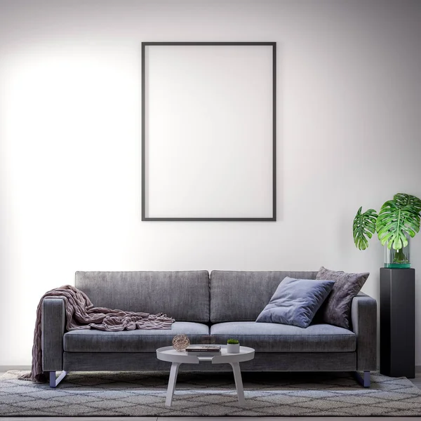 Makiety ramkę plakatu w wnętrza, nowoczesny styl z sofą, ilustracja 3d — Zdjęcie stockowe