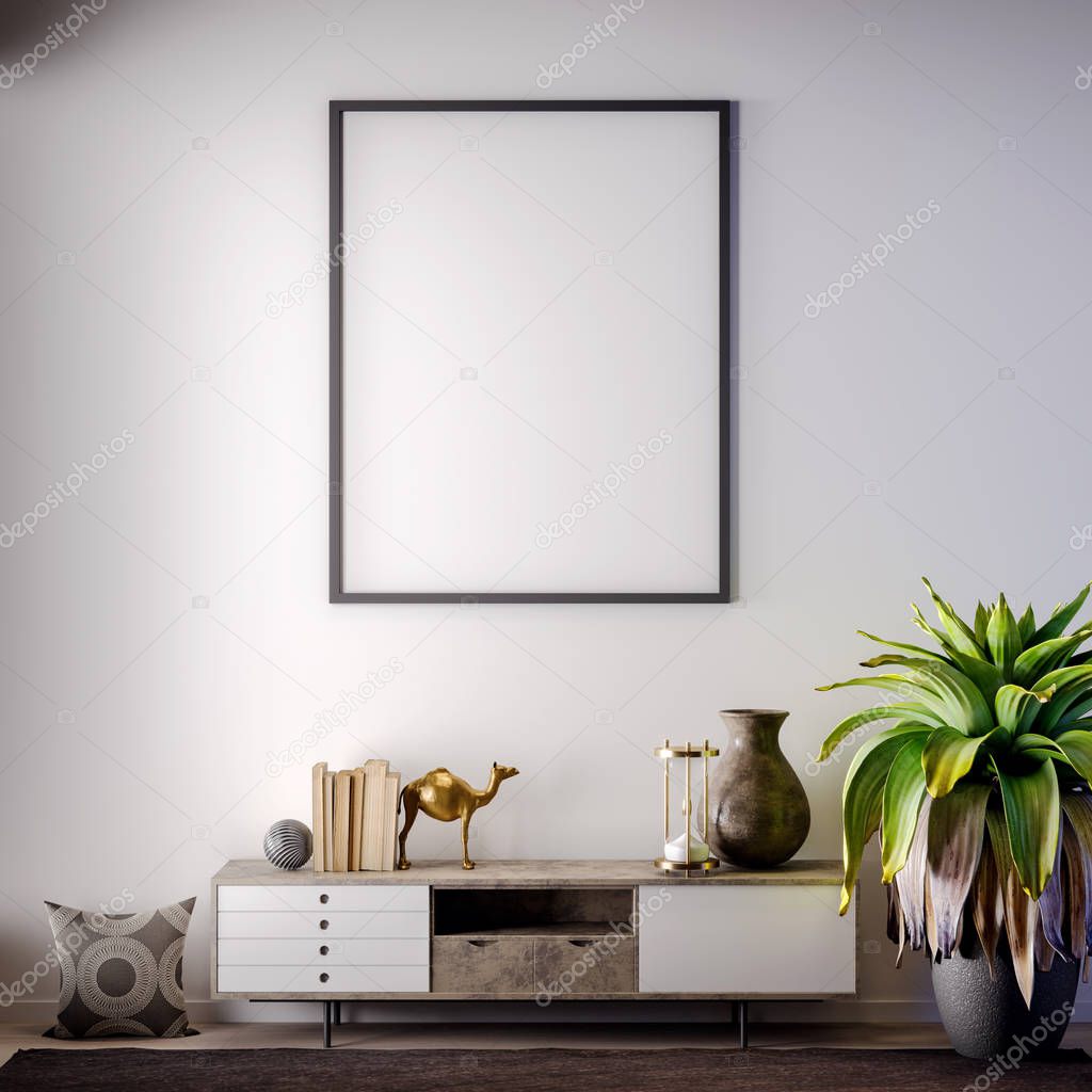 Mock up poster frame in Interior, modern style, 3D illustration