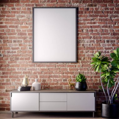 Poster çerçevesi iç tuğla duvar, çatı stili, 3d çizim ile alay
