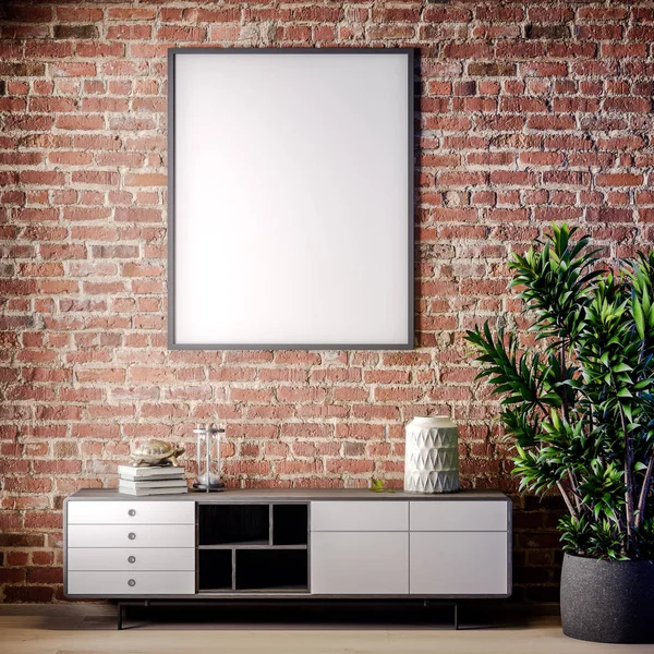 Poster çerçevesi iç tuğla duvar, çatı stili, 3d çizim ile alay