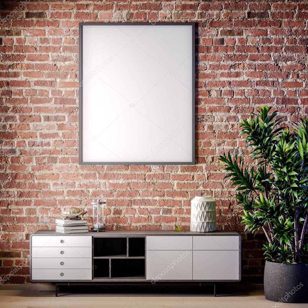 Mock up poster frame in Interior with Brick wall, Loft style, 3D illustration