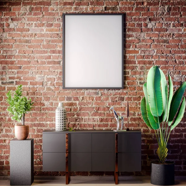 Poster çerçevesi iç tuğla duvar, çatı stili, 3d çizim ile alay