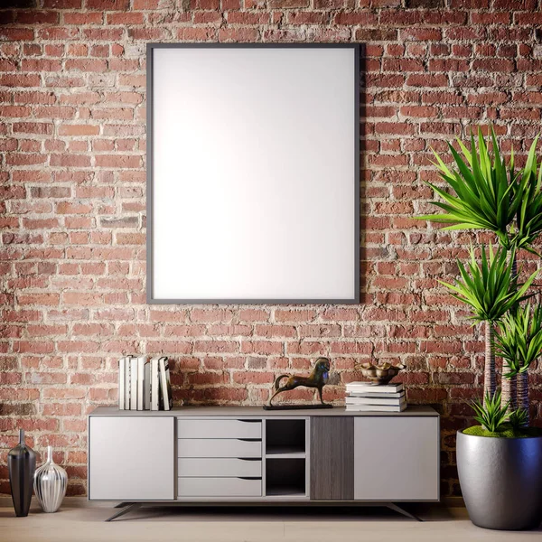 Poster çerçevesi iç tuğla duvar, çatı stili, 3d çizim ile alay