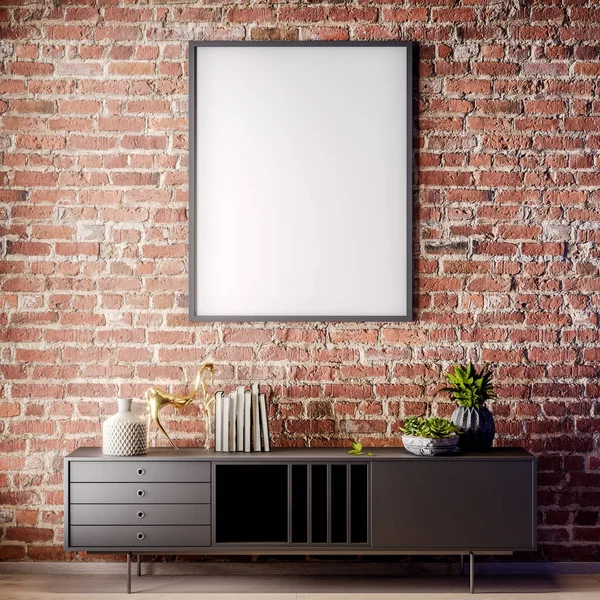 Poster çerçevesi iç tuğla duvar, çatı stili, 3d çizim ile alay