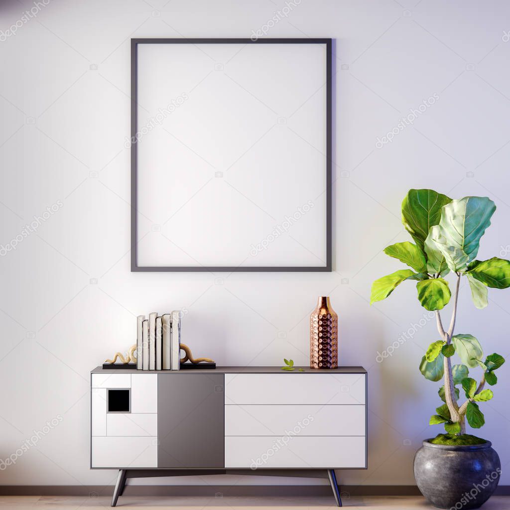 Mock up poster frame in Interior, modern style, 3D illustration