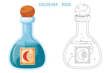 Şişeleri iksirle renklendirme kitabı. Oyun iksiri. Büyücülük, iksir, aşk iksiri ve panzehir için sihirli şişeleri boyama sayfası.