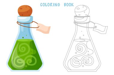 Şişeleri iksirle renklendirme kitabı. Oyun iksiri. Büyücülük, iksir, aşk iksiri ve panzehir için sihirli şişeleri boyama sayfası.
