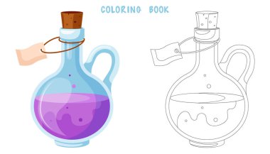Şişeleri iksirle renklendirme kitabı. Oyun iksiri. Büyücülük, iksir, aşk iksiri ve panzehir için sihirli şişeleri boyama sayfası.